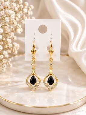 Gold Drop Earrings with Black Teardrop Gemstones